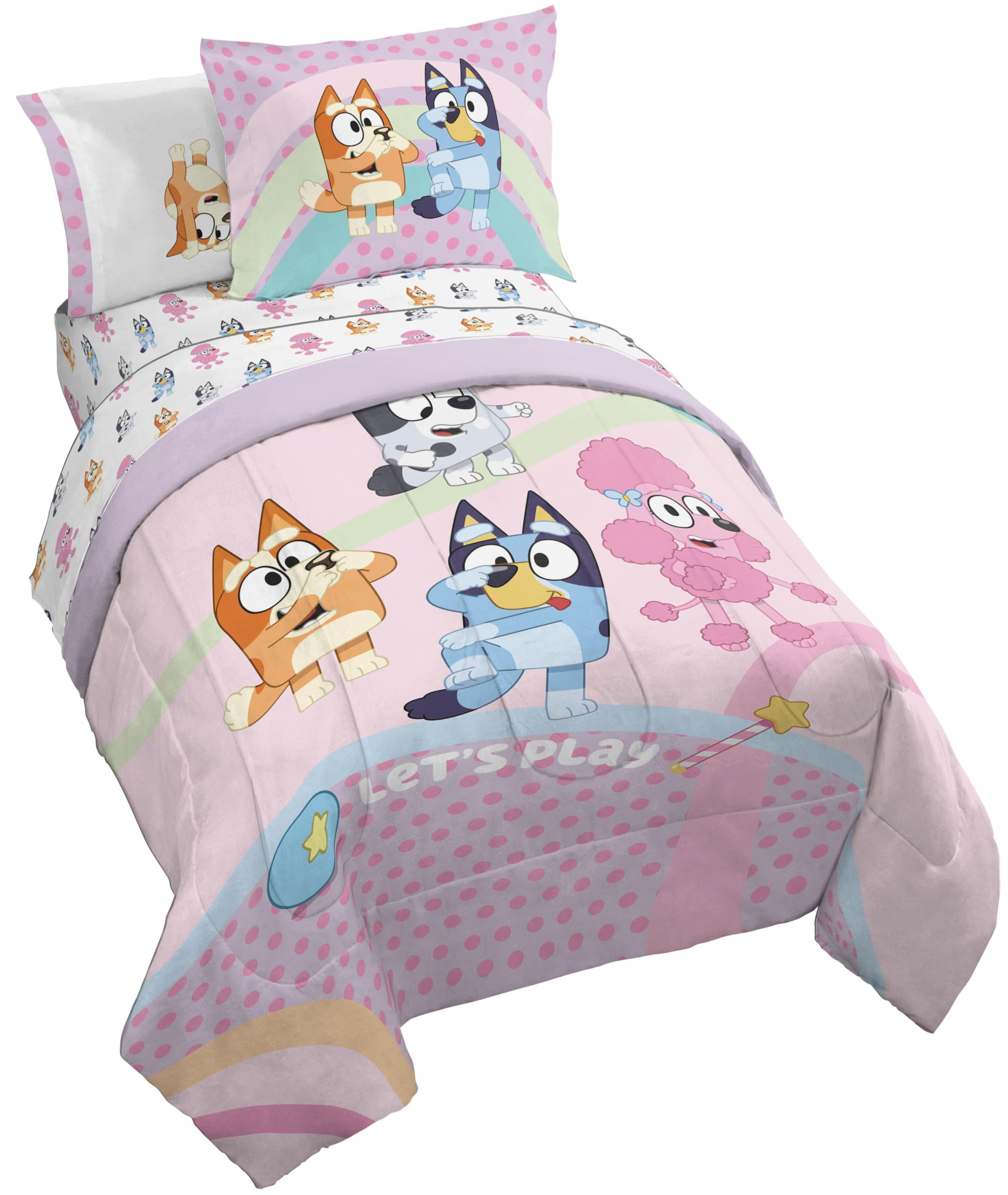 Jay Franco front view showing Bluey and Bingo on pink comforter and coordinated sheets, bright bedroom appeal