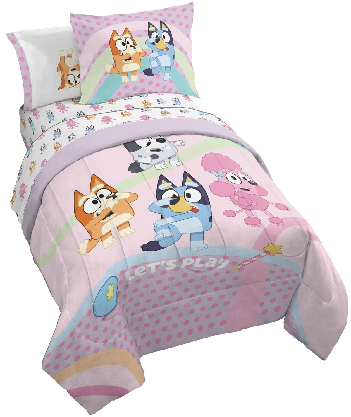Jay Franco front view showing Bluey and Bingo on pink comforter and coordinated sheets, bright bedroom appeal