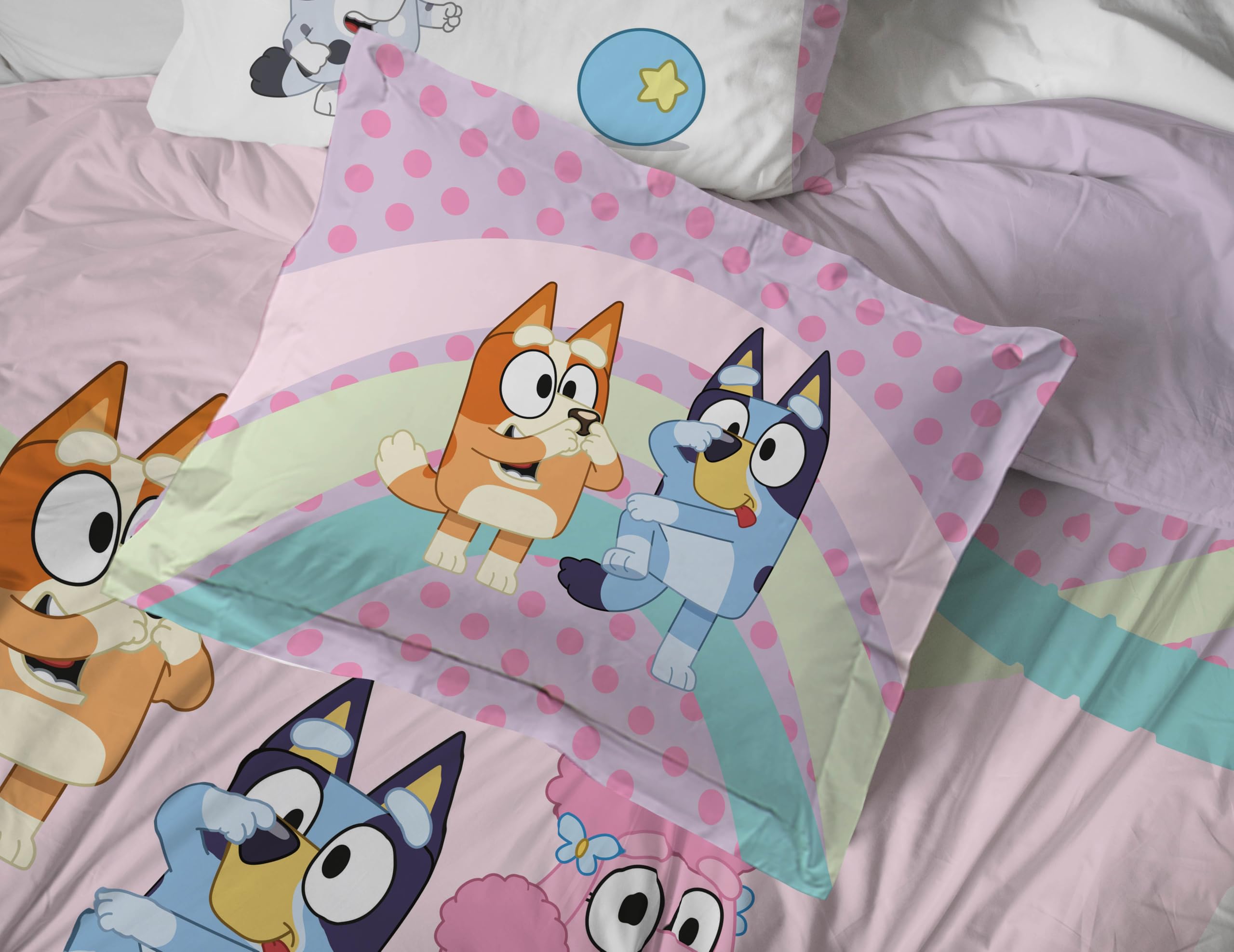 Jay Franco styled twin bed with child’s toys, playful Bluey and Bingo design boosts room joy