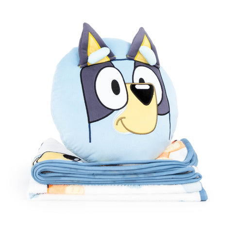 Jay Franco Bluey & Bingo Nogginz pillow close-up showing plush detail and neck support