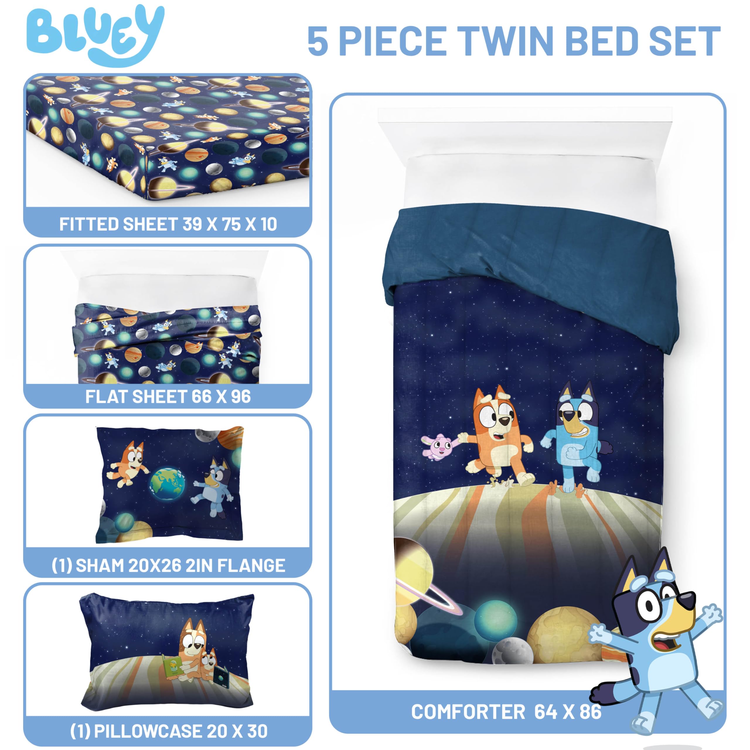 Jay Franco Bluey flat sheet and pillowcase laid out to display coordinated prints and easy matching
