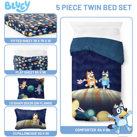 Jay Franco Bluey flat sheet and pillowcase laid out to display coordinated prints and easy matching