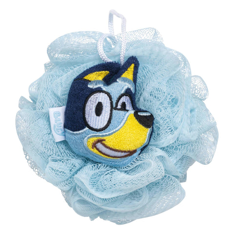 Jay Franco Bluey loofah close-up showing soft foam weave and gentle lathering benefit