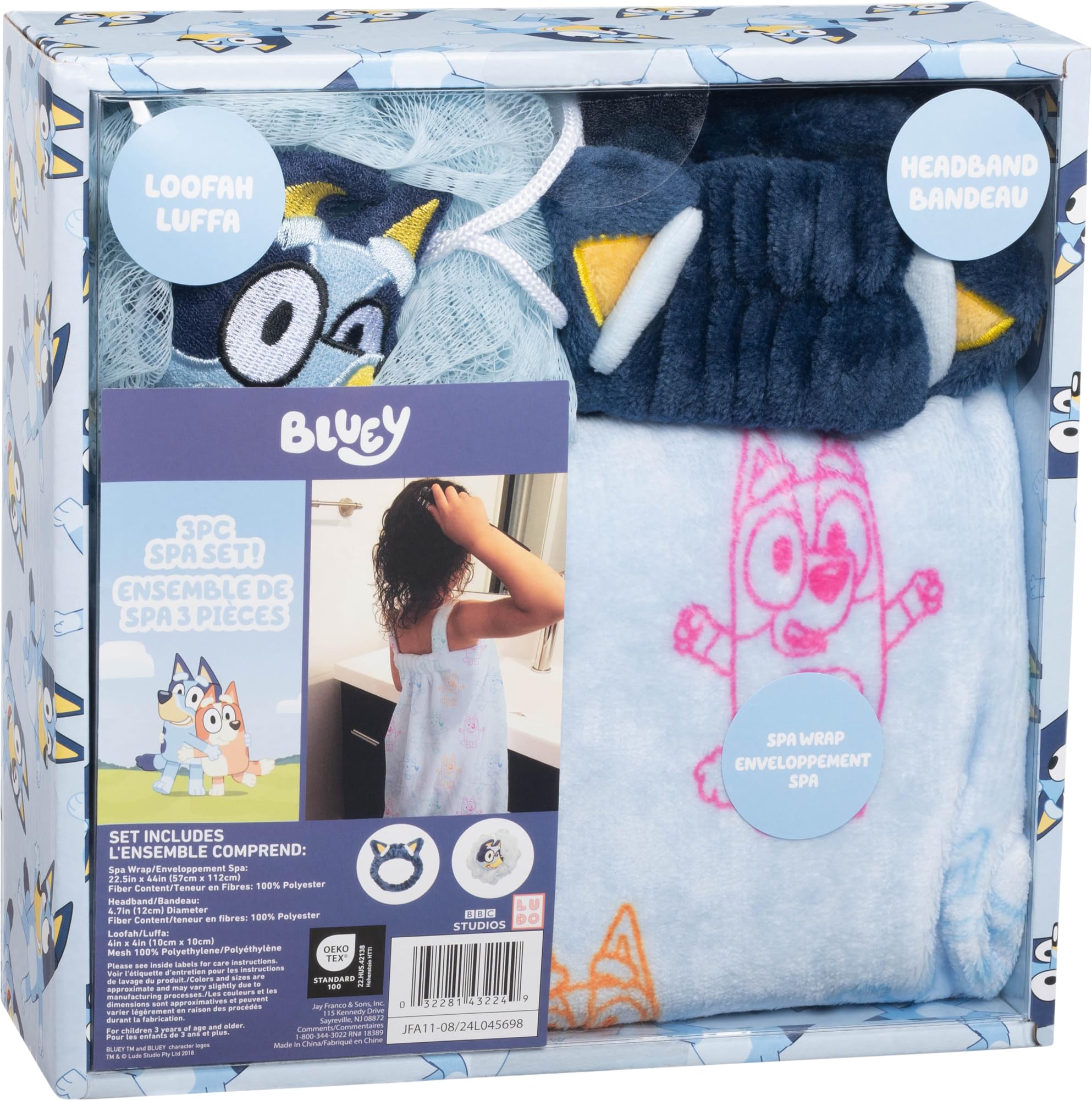 Jay Franco Bluey towel beside ruler to show scale and child-friendly size for travel convenience