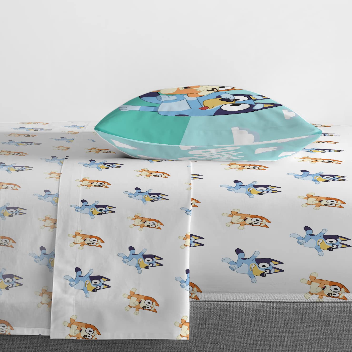 Jay Franco Bluey fitted sheet with measuring tape showing deep-pocket mattress fit