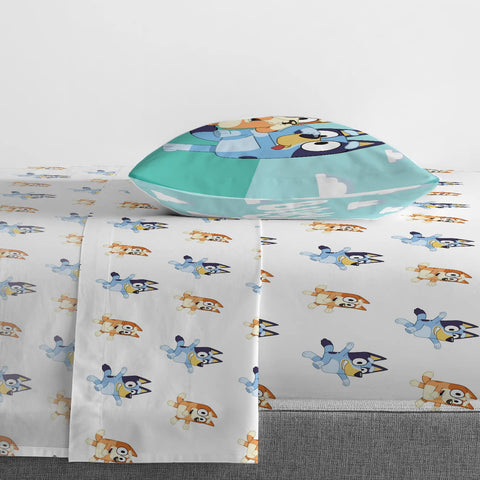 Jay Franco Bluey fitted sheet with measuring tape showing deep-pocket mattress fit