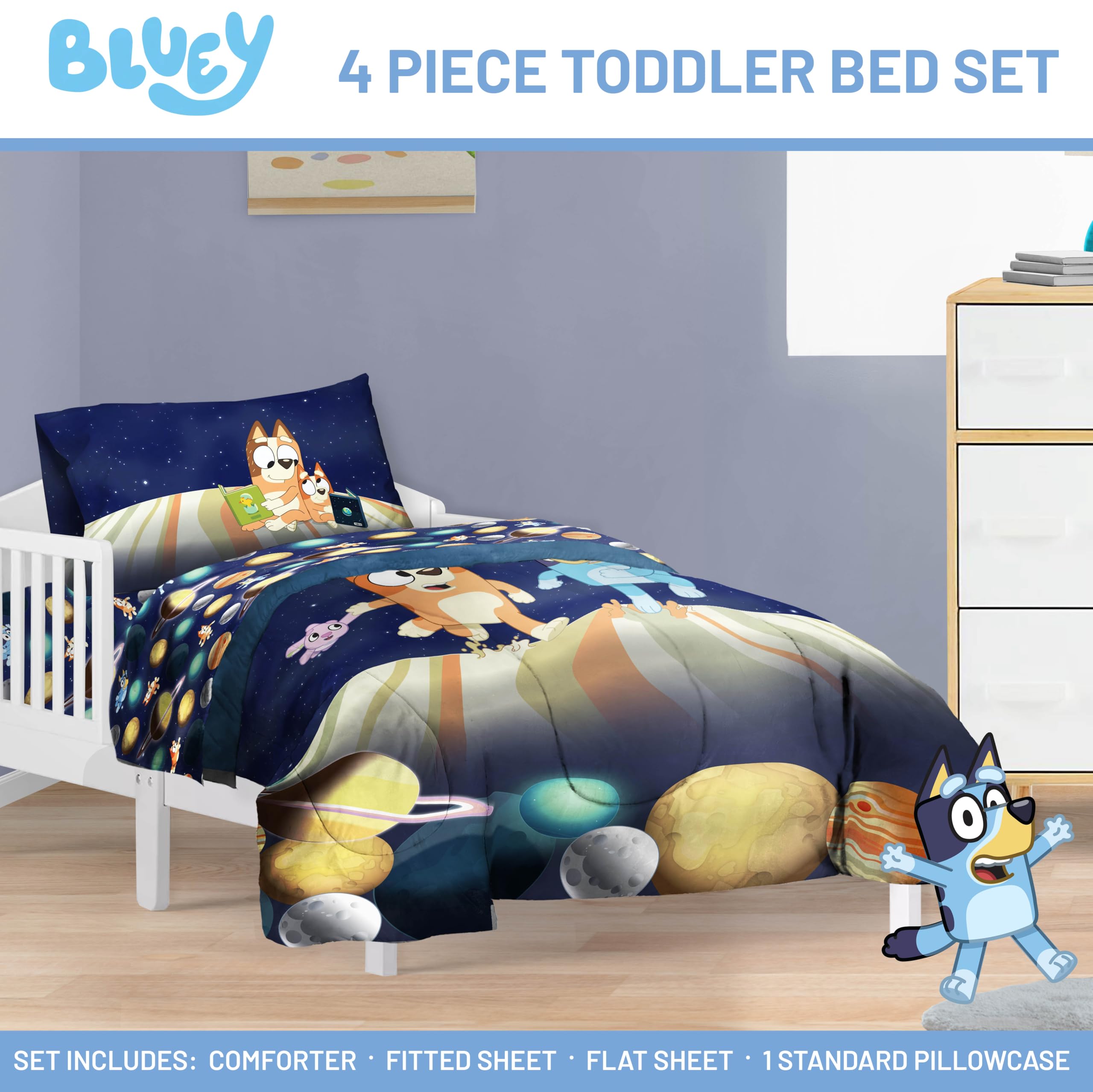 Jay Franco flat sheet pattern close-up displaying lively Bluey artwork and easy-care fabric benefit