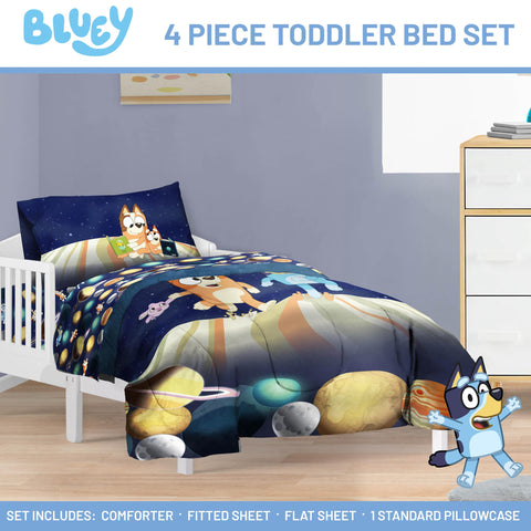 Jay Franco flat sheet pattern close-up displaying lively Bluey artwork and easy-care fabric benefit