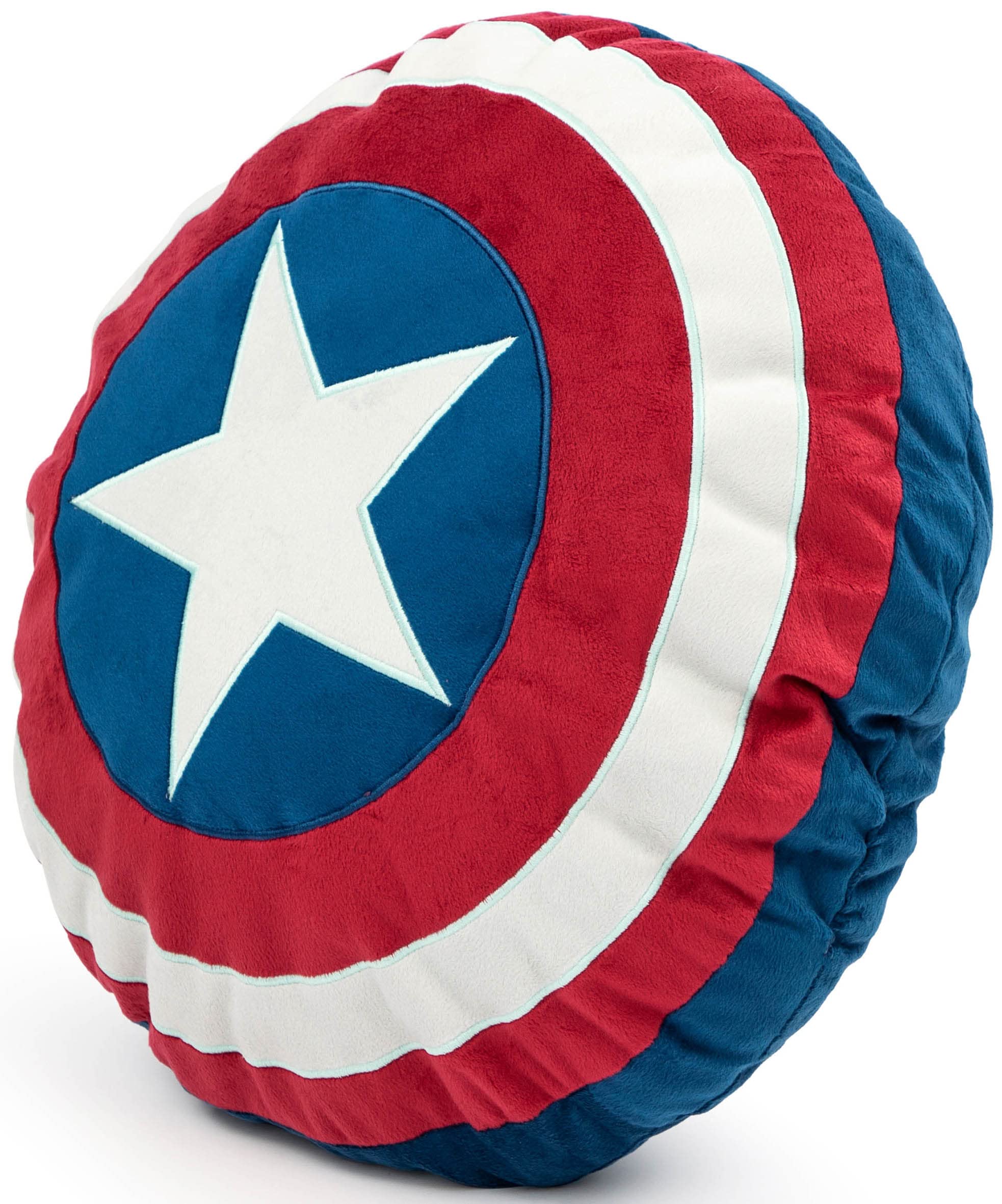 Jay Franco shield pillow on bed styled with Avengers bedding for coordinated look