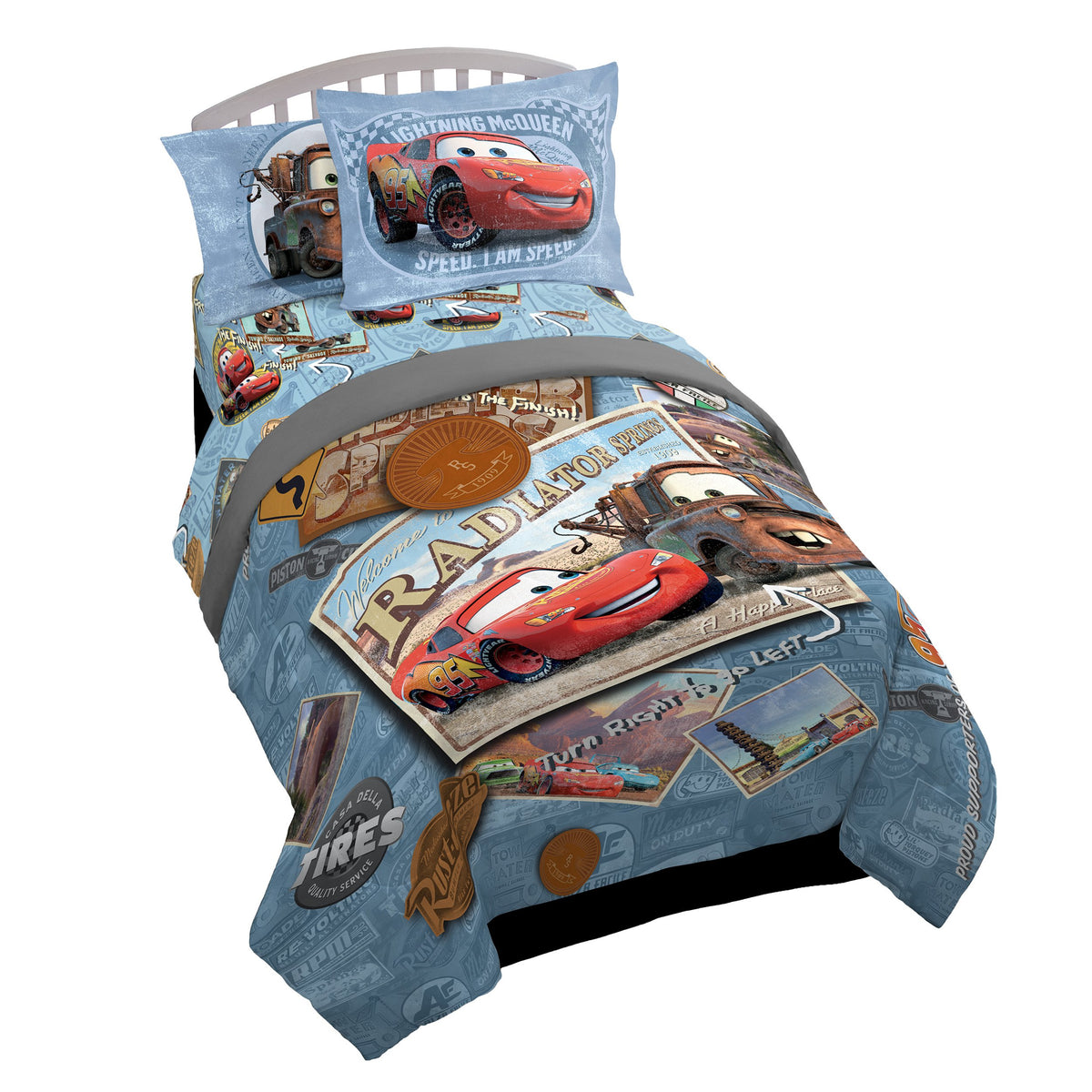 Jay Franco Cars full comforter front view showing Lightning McQueen and Mater for fun décor