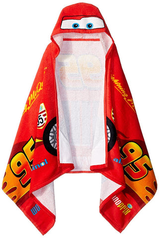 Jay Franco front view showing vibrant Cars print and full towel coverage for fun