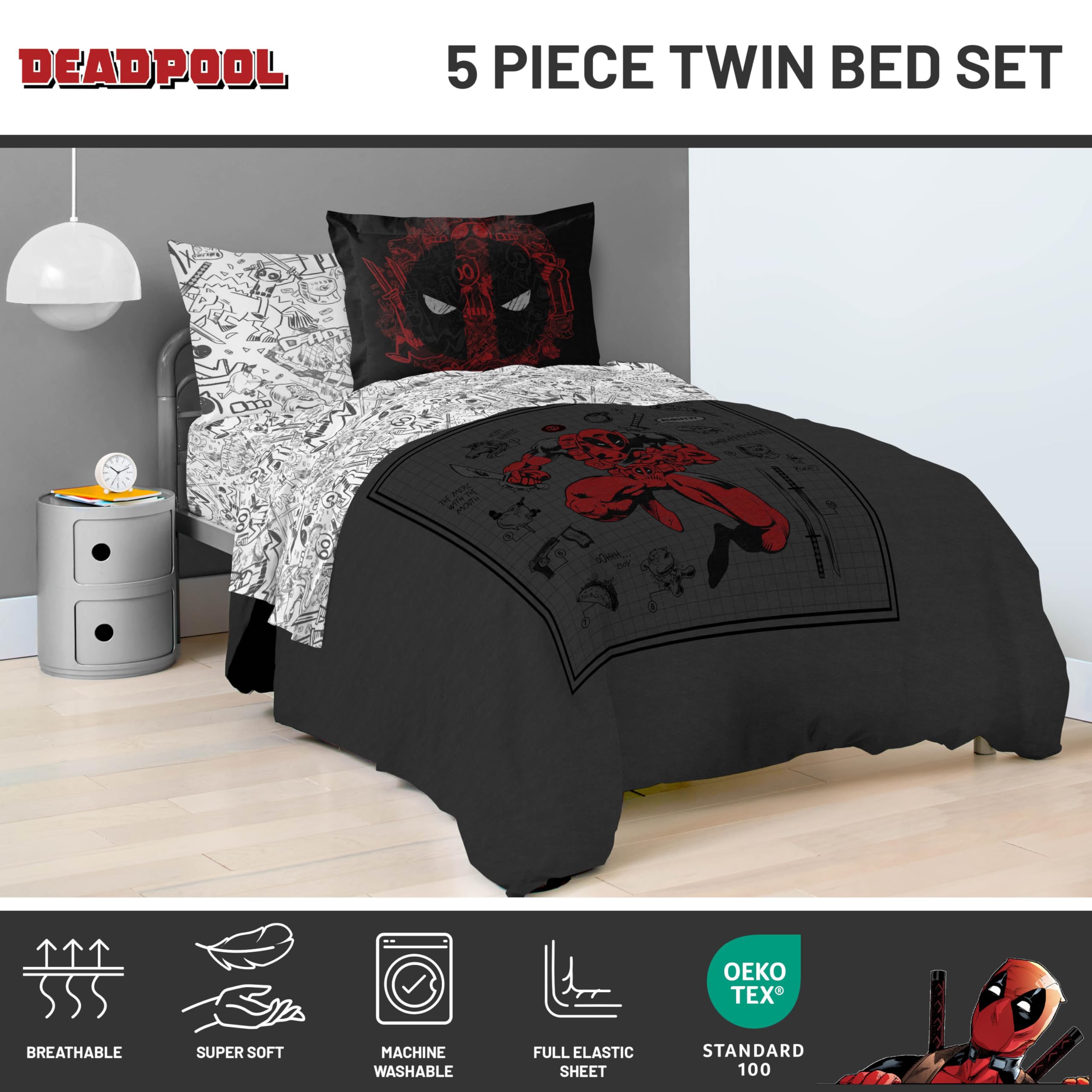 Jay Franco Deadpool pillowcase and sham closeup showing soft finish and style