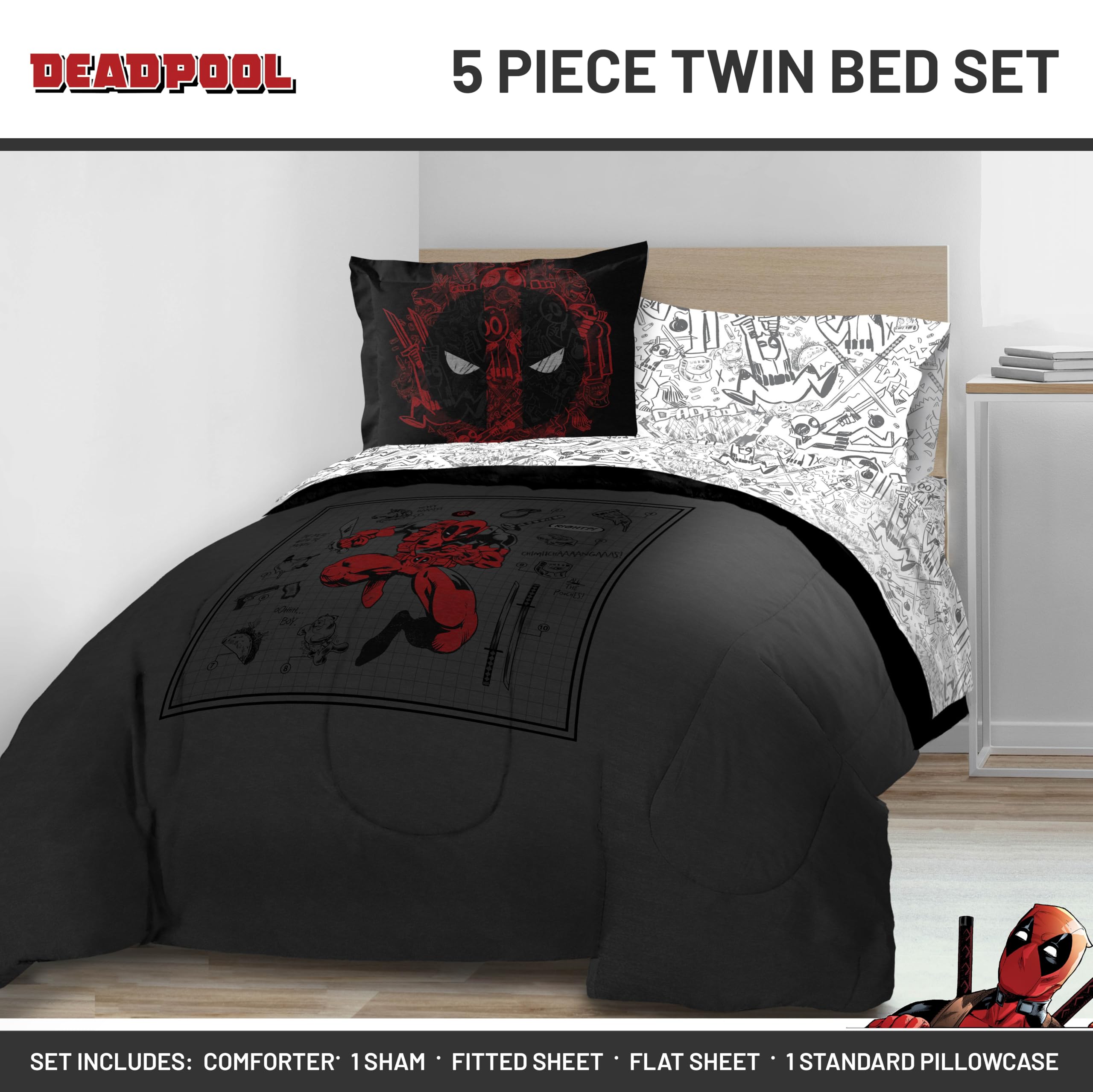 Jay Franco Deadpool folded sheet set showing neat storage and matching pattern