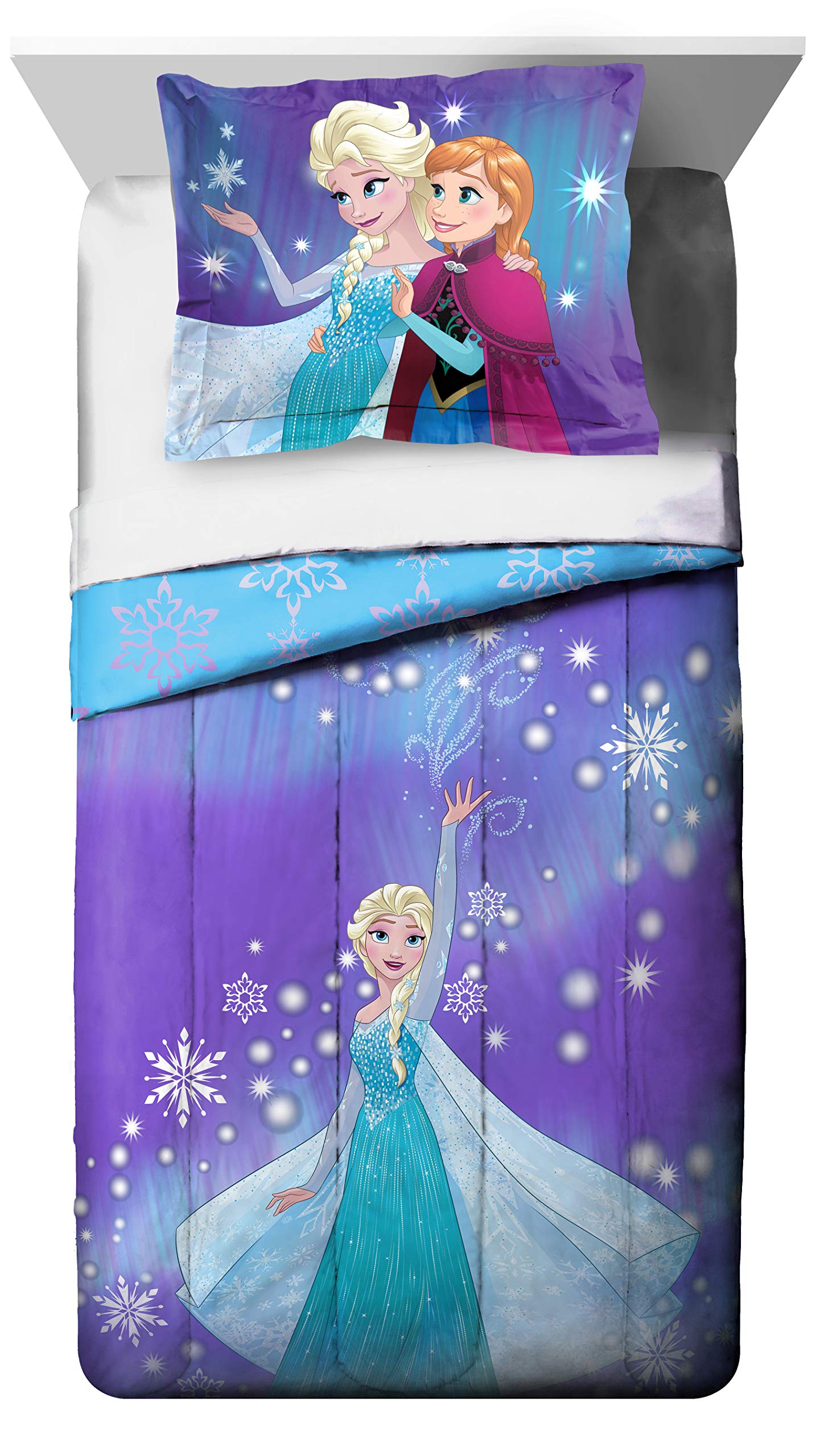 Jay Franco Frozen character close-up highlights Elsa and Anna artwork and colorfast printing benefit