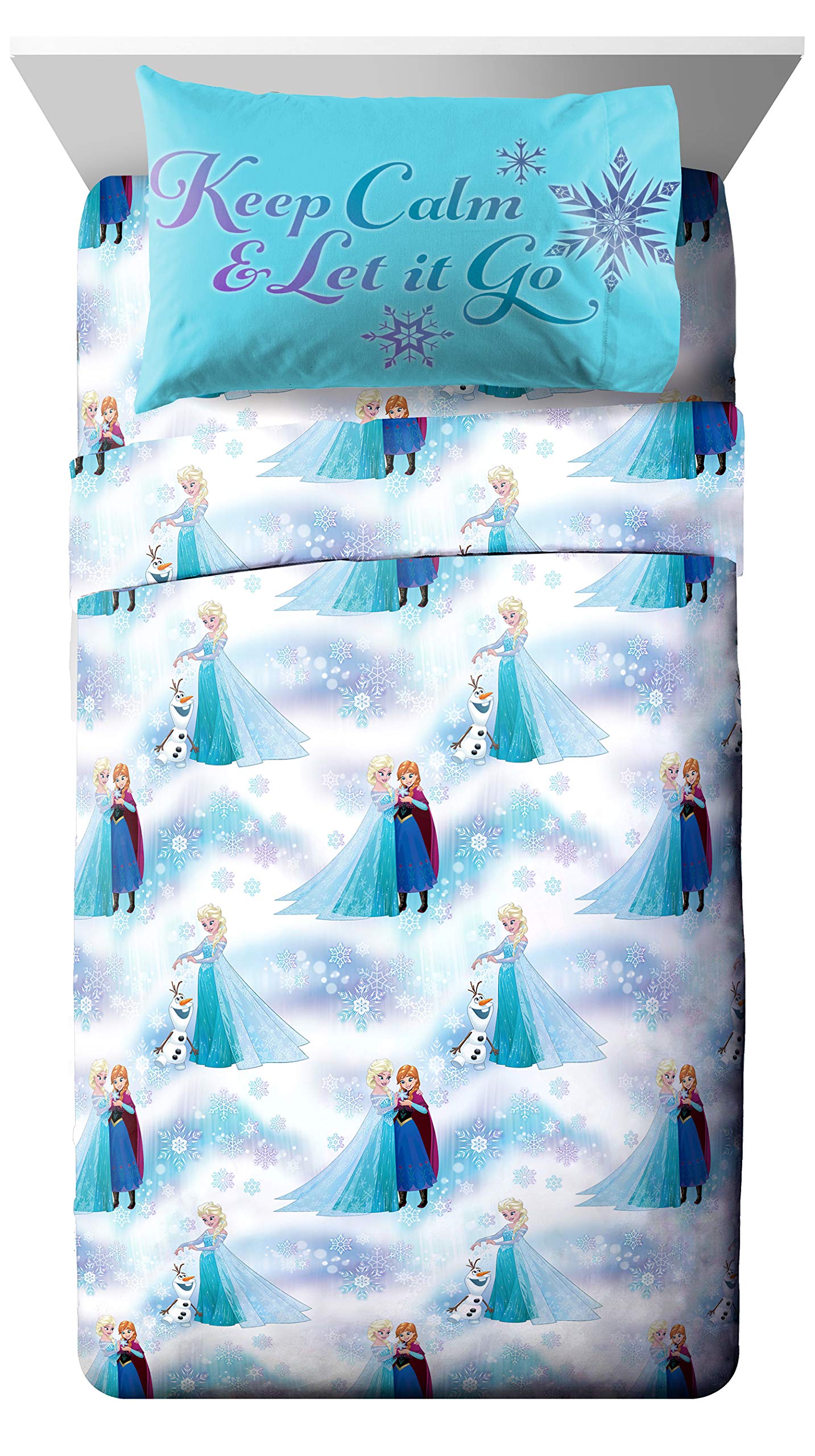 Jay Franco Frozen pillowcase and sham arrangement shows coordinated look and decorative layering benefit