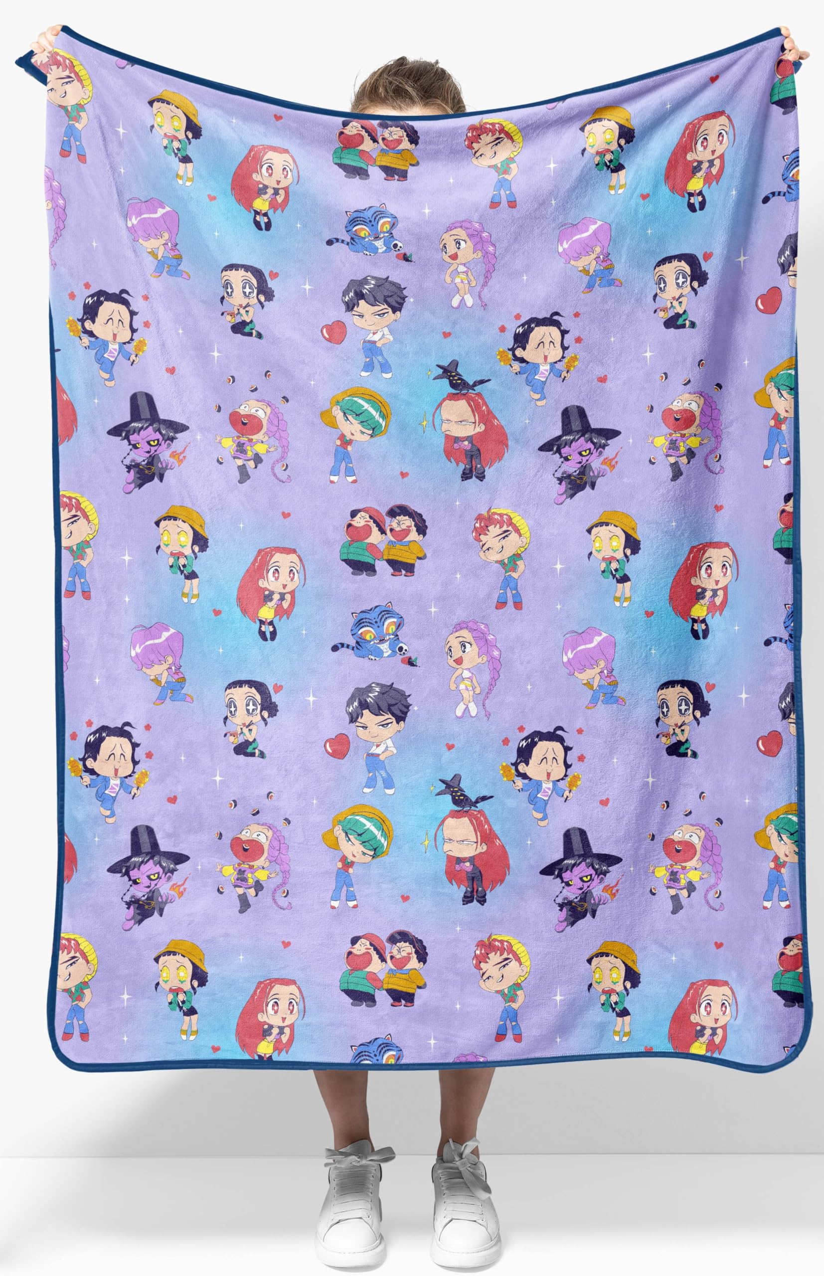 Jay Franco front view showing blanket’s chibi characters and vibrant lavender color benefits fandom display