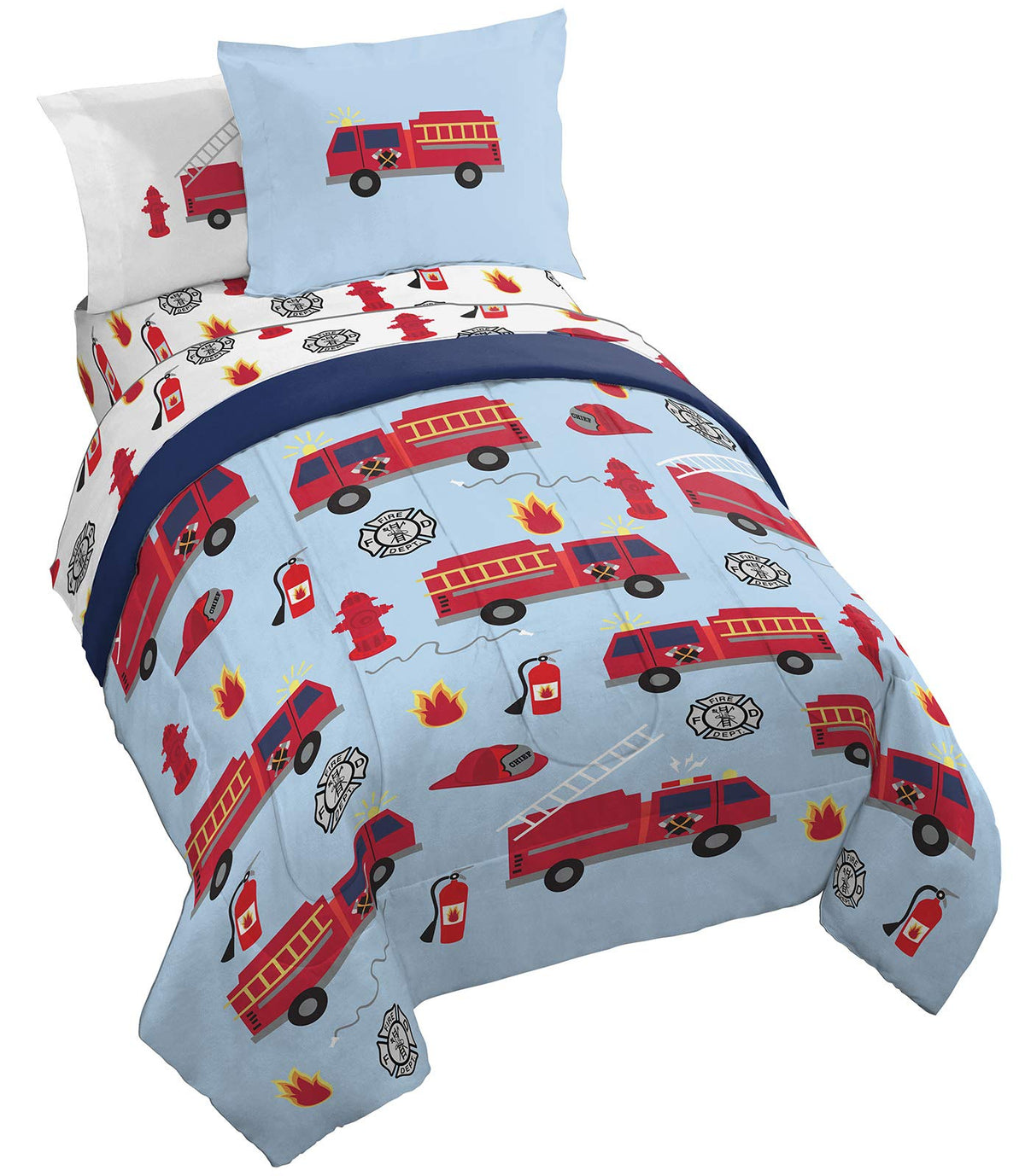 Jay Franco front view comforter showing fire truck print and vibrant colors for playful bedrooms