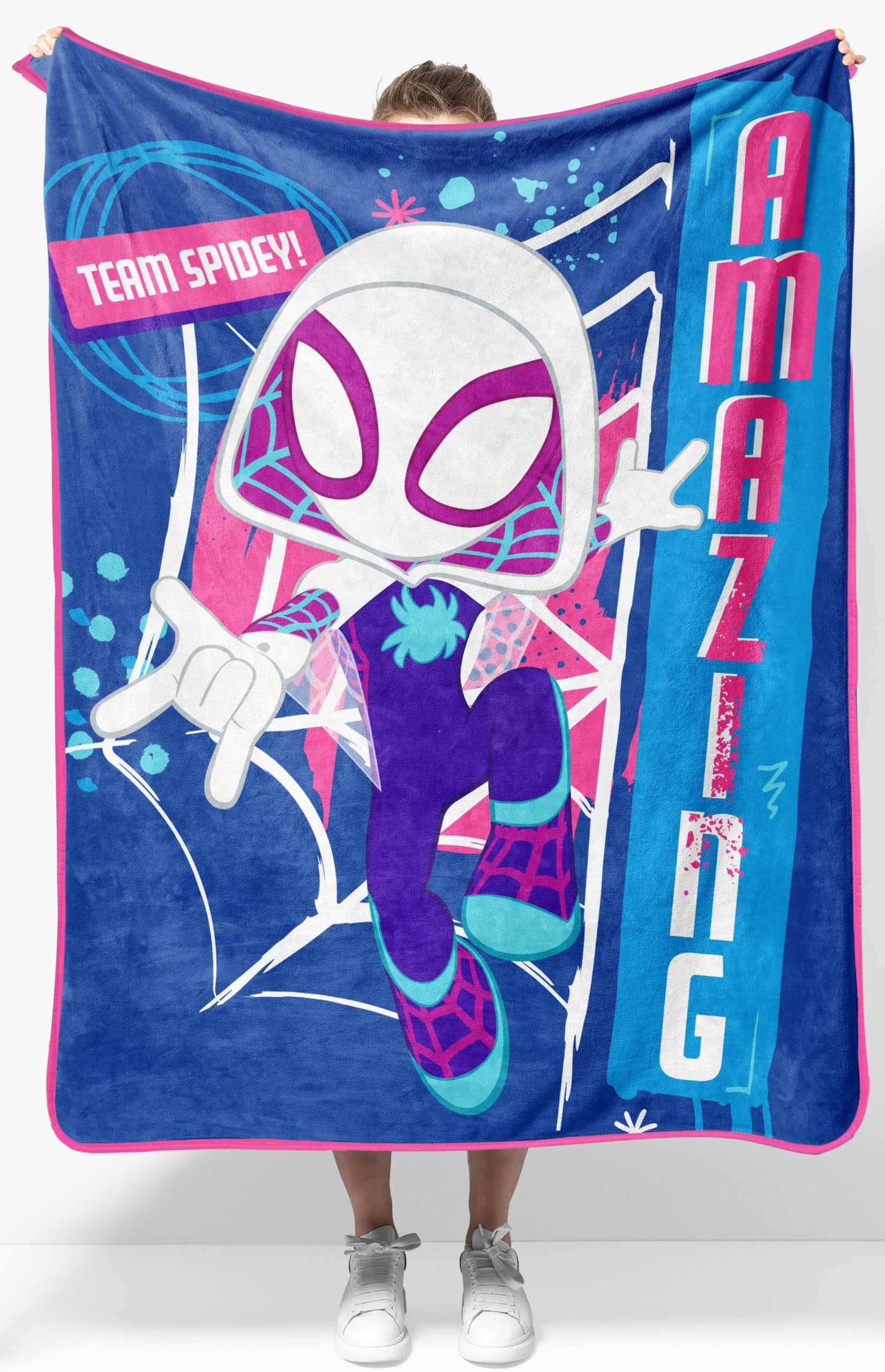 Jay Franco front view of Ghost-Spider throw showing bright Marvel design and cozy look