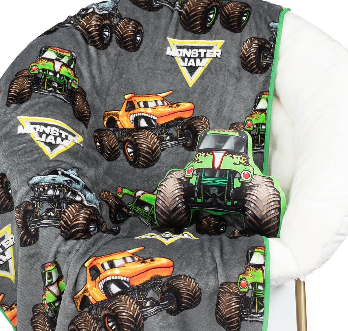 Jay Franco Grave Digger front view showing full set and branding, playful appeal