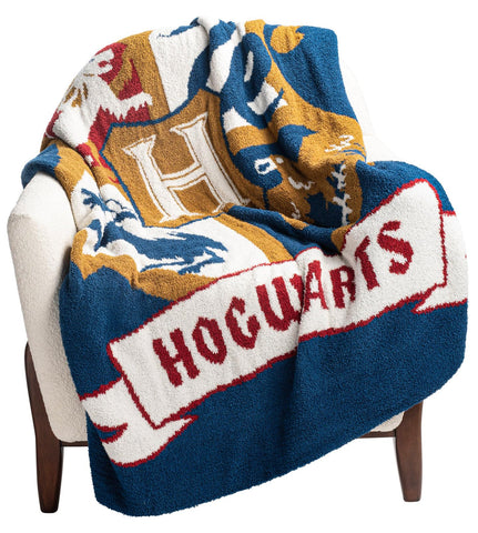 Jay Franco front view of Hogwarts crest blanket showing cozy design and decorative benefit