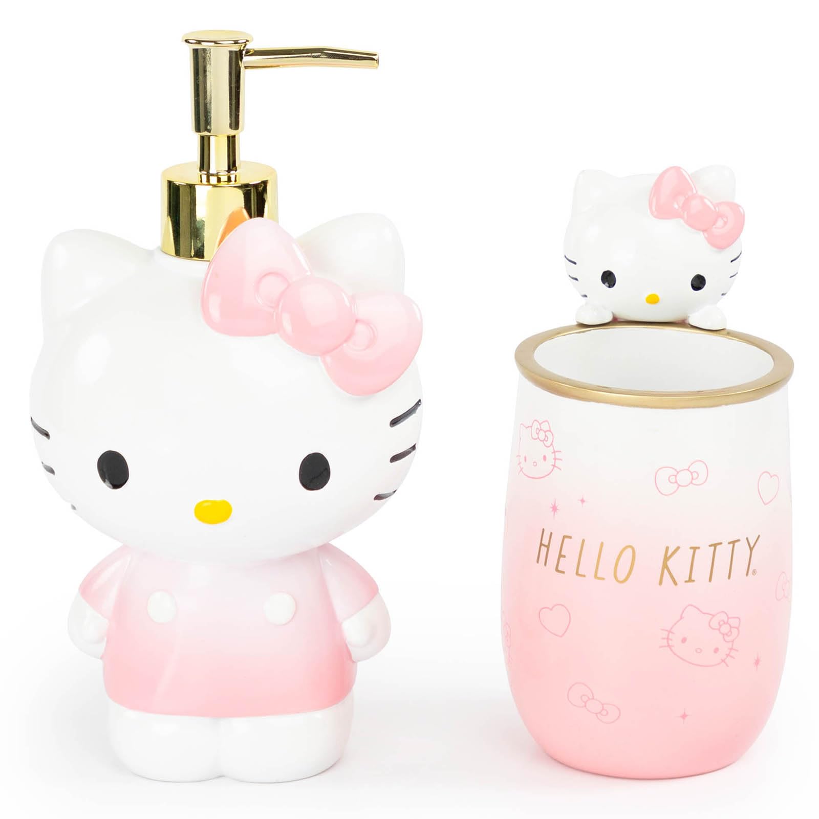 Jay Franco Hello Kitty front view set showing pink dispenser and tumbler, adds playful charm