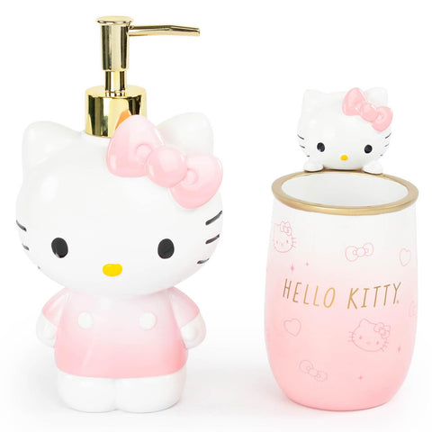 Jay Franco Hello Kitty front view set showing pink dispenser and tumbler, adds playful charm