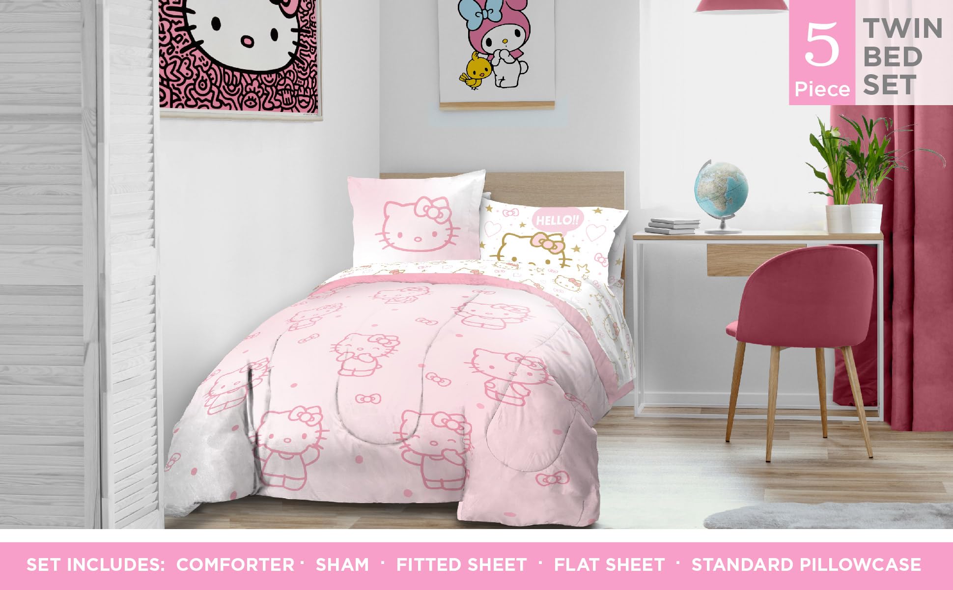 Jay Franco sheet set flat lay with matching pink pattern for easy styling