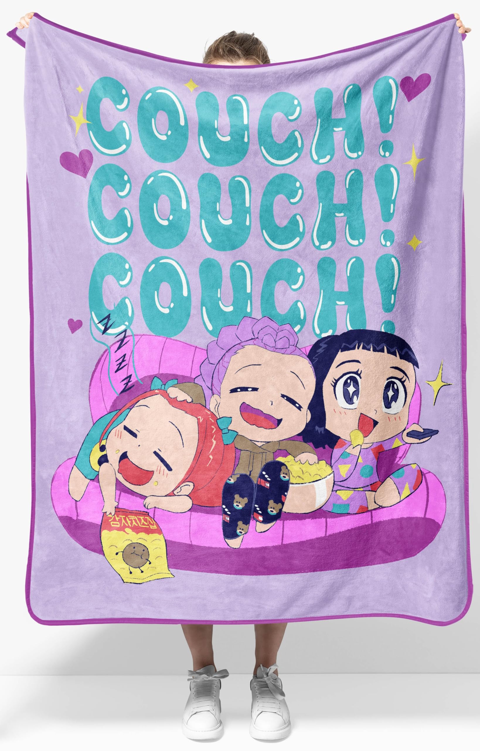 Jay Franco front view of Huntrix throw showing chibi characters and lavender background for cozy decor
