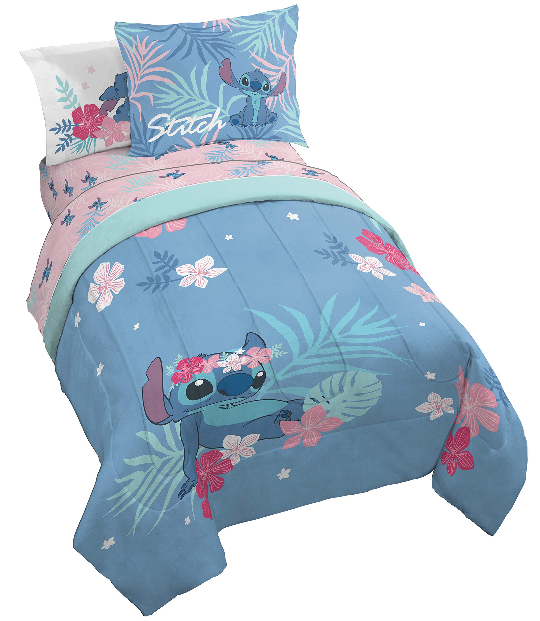 Jay Franco front view of Lilo & Stitch comforter showing vibrant characters and bright blue color