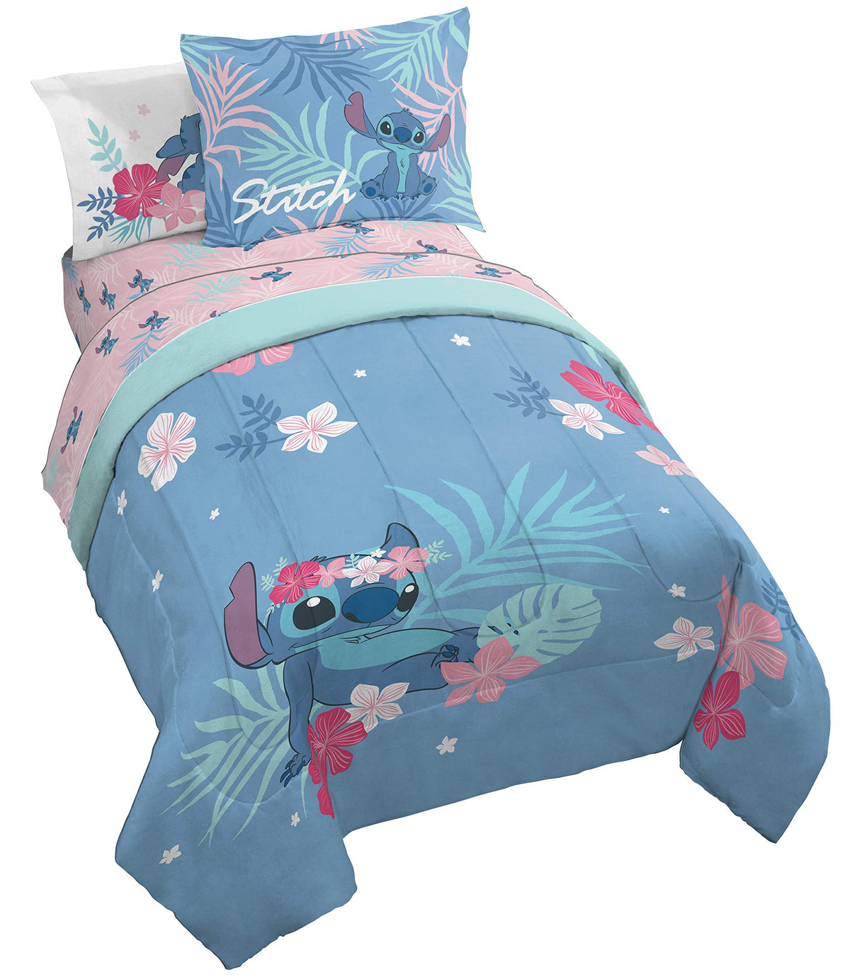 Jay Franco front view of Lilo & Stitch comforter showing vibrant characters and bright blue color
