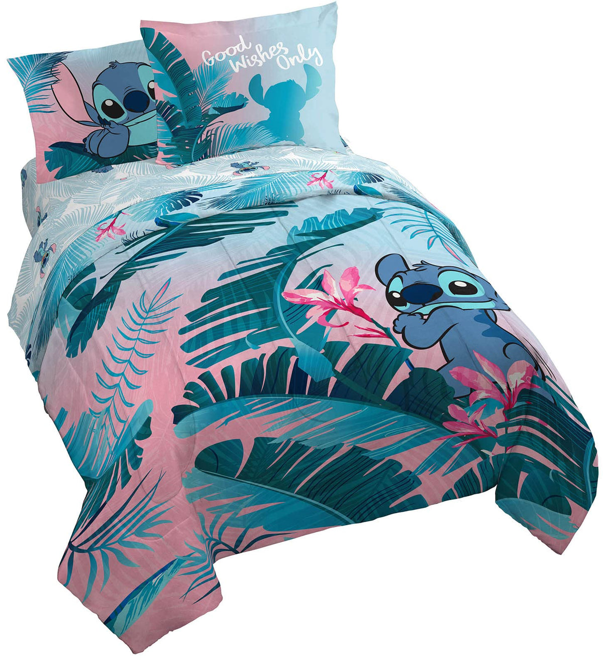 Jay Franco comforter front view shows Stitch design and cheerful pink appeal