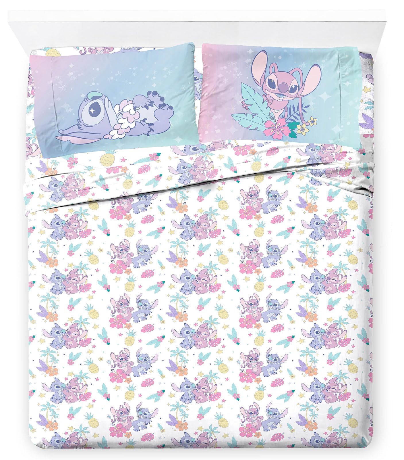 Jay Franco Lilo & Stitch front view showing full sheet set and bright design benefit: fun bedroom theme