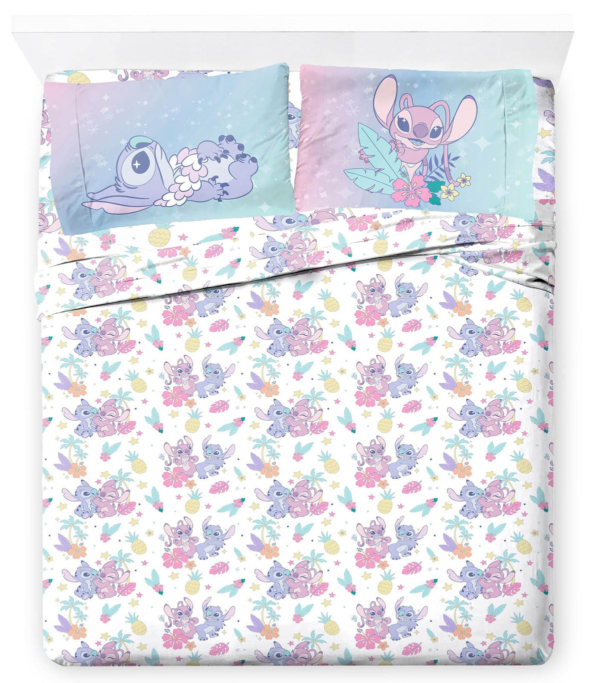 Jay Franco Lilo & Stitch front view showing full sheet set and bright design benefit: fun bedroom theme
