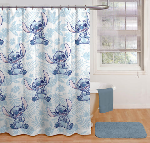 Jay Franco bathroom scene with curtain and loofah creating coordinated style