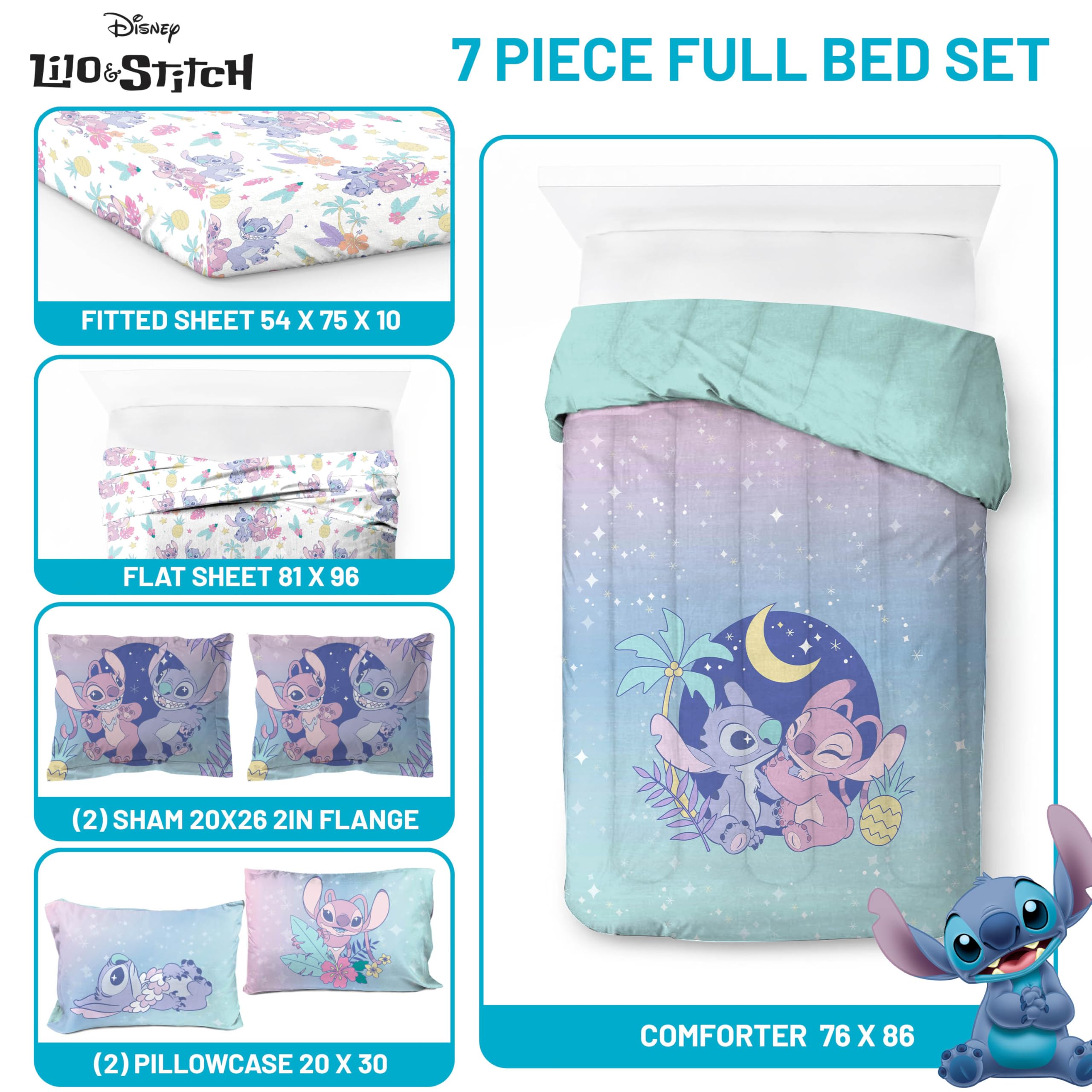 Jay Franco Lilo and Stitch pillowcases and shams detail showing pattern alignment benefit: polished bed styling