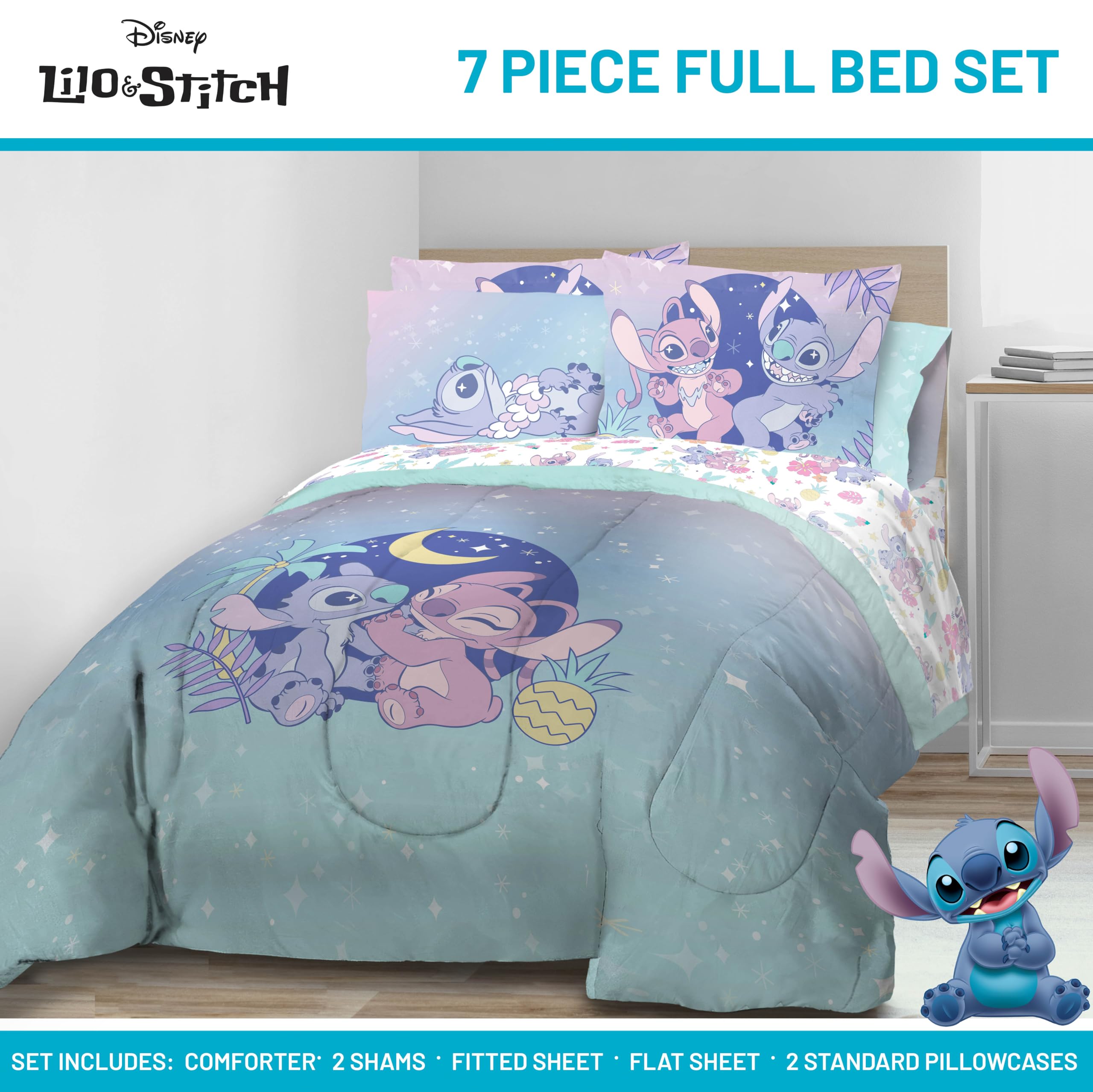 Jay Franco Lilo and Stitch fitted and flat sheets displayed together benefit: complete coordinated set