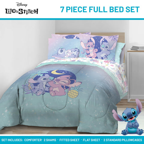 Jay Franco Lilo and Stitch fitted and flat sheets displayed together benefit: complete coordinated set