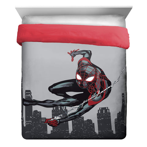 Jay Franco Miles Morales fitted and flat sheets laid flat showing full set coverage