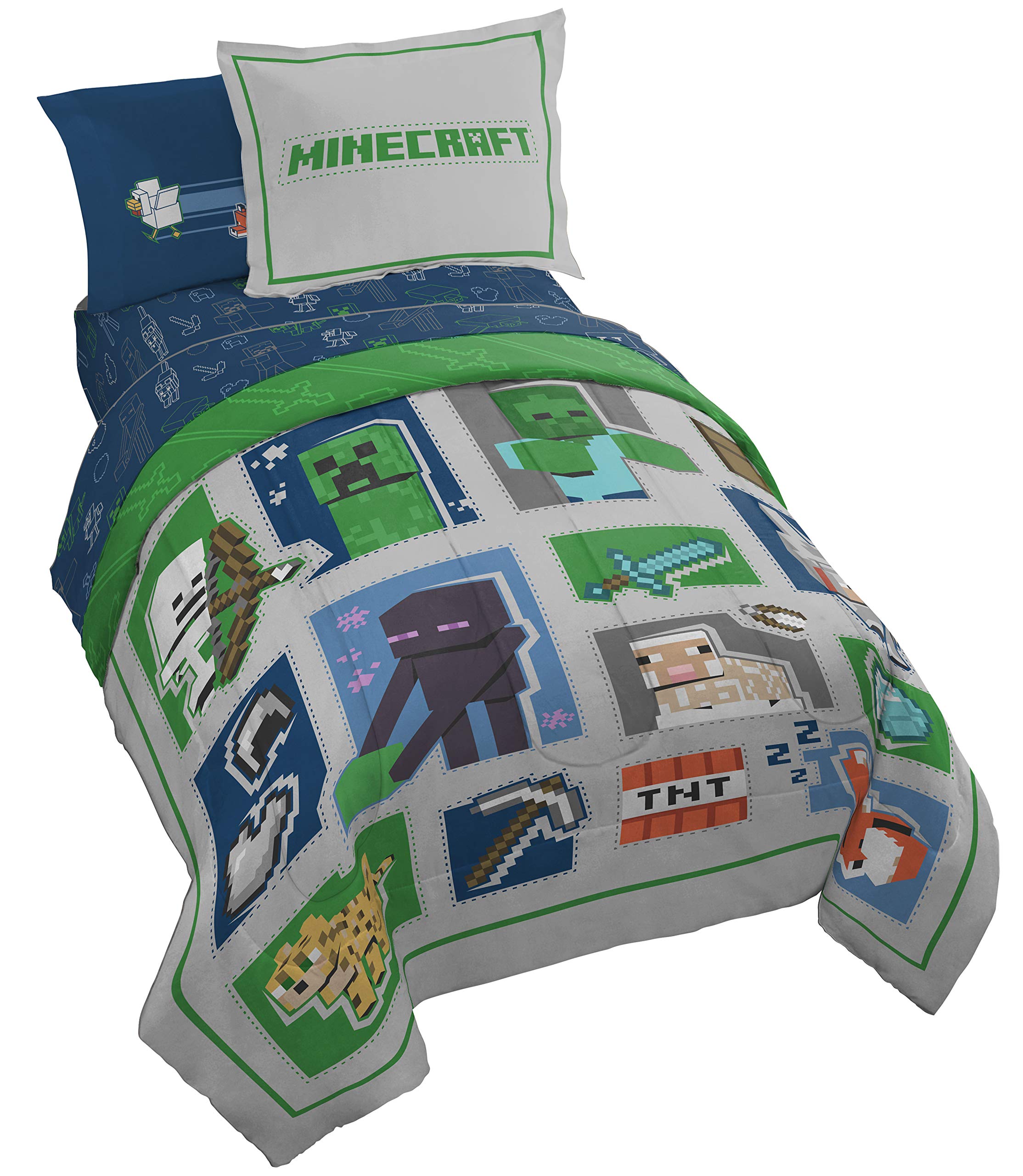 Jay Franco front view of full Minecraft bed set showing characters and bold design for playful room decor