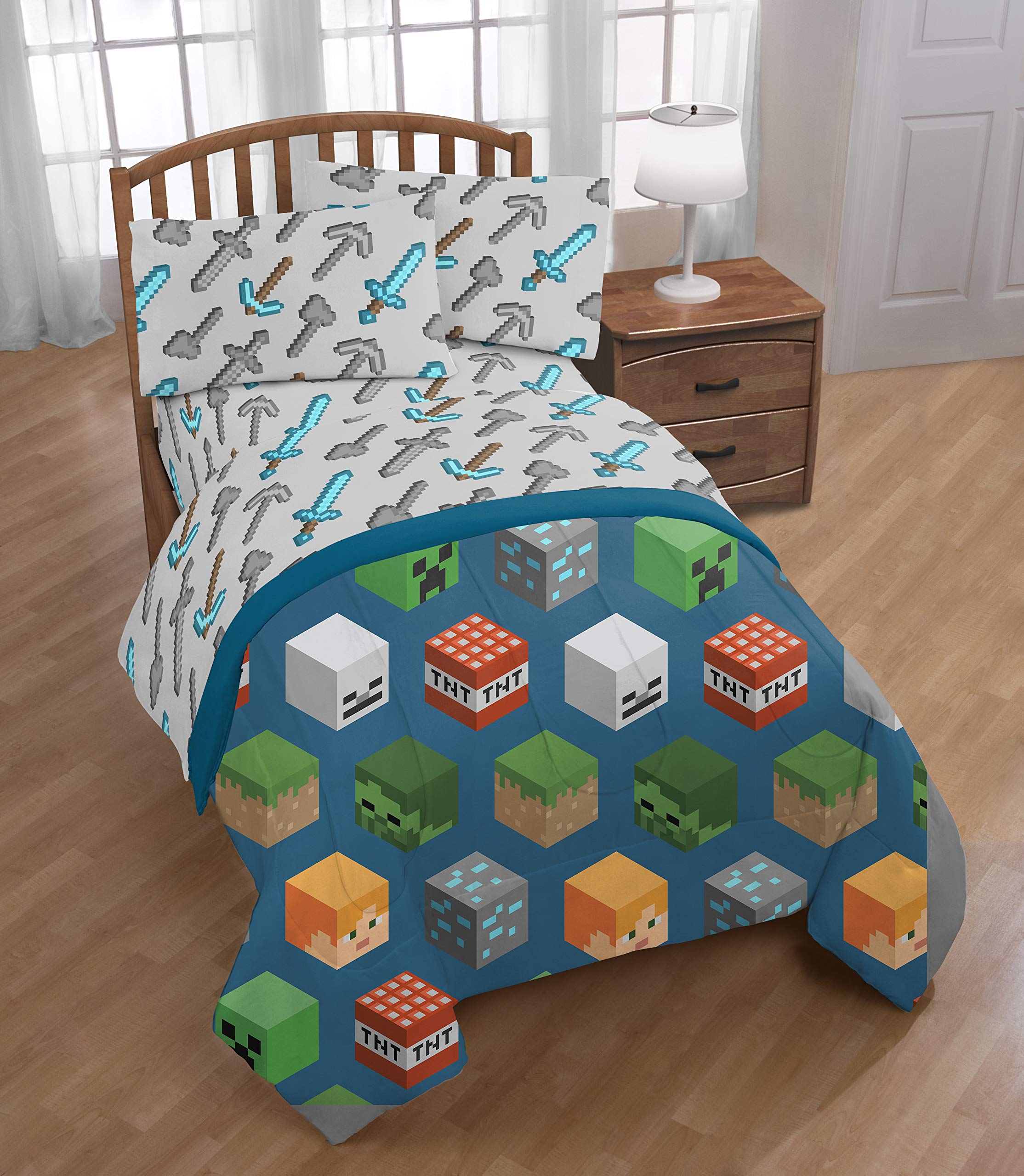 Jay Franco lifestyle shot of kids room showing coordinated Minecraft bedding bringing fun