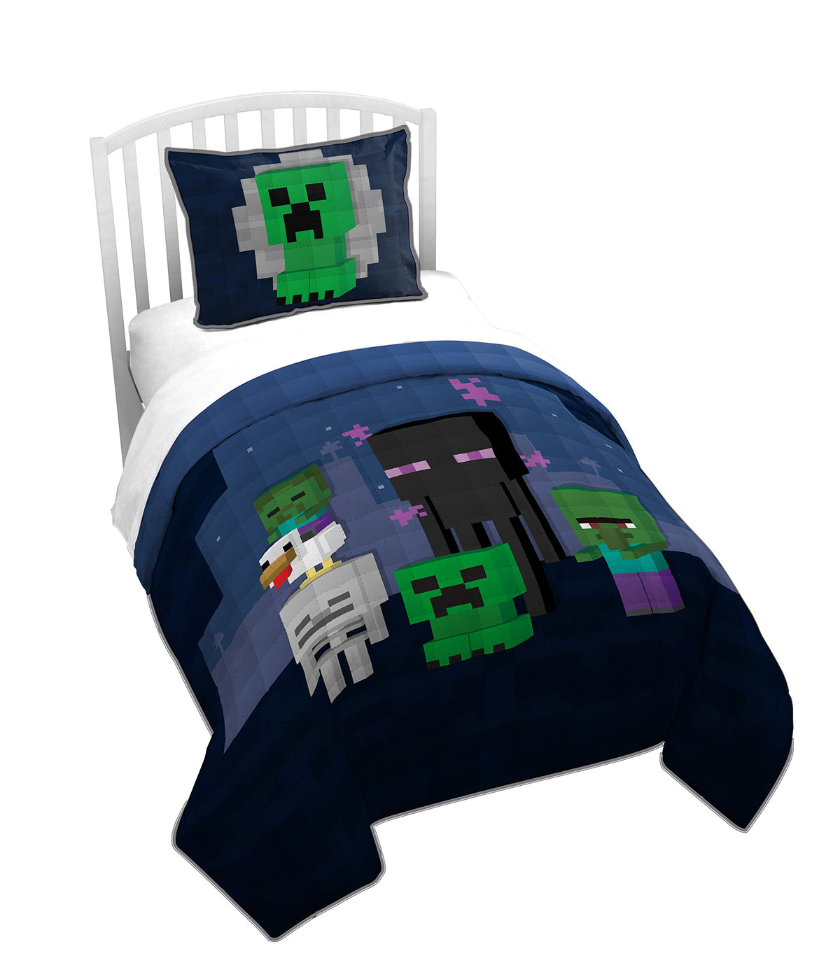 Jay Franco quilt front on bed showing Minecraft mobs for playful bedroom style