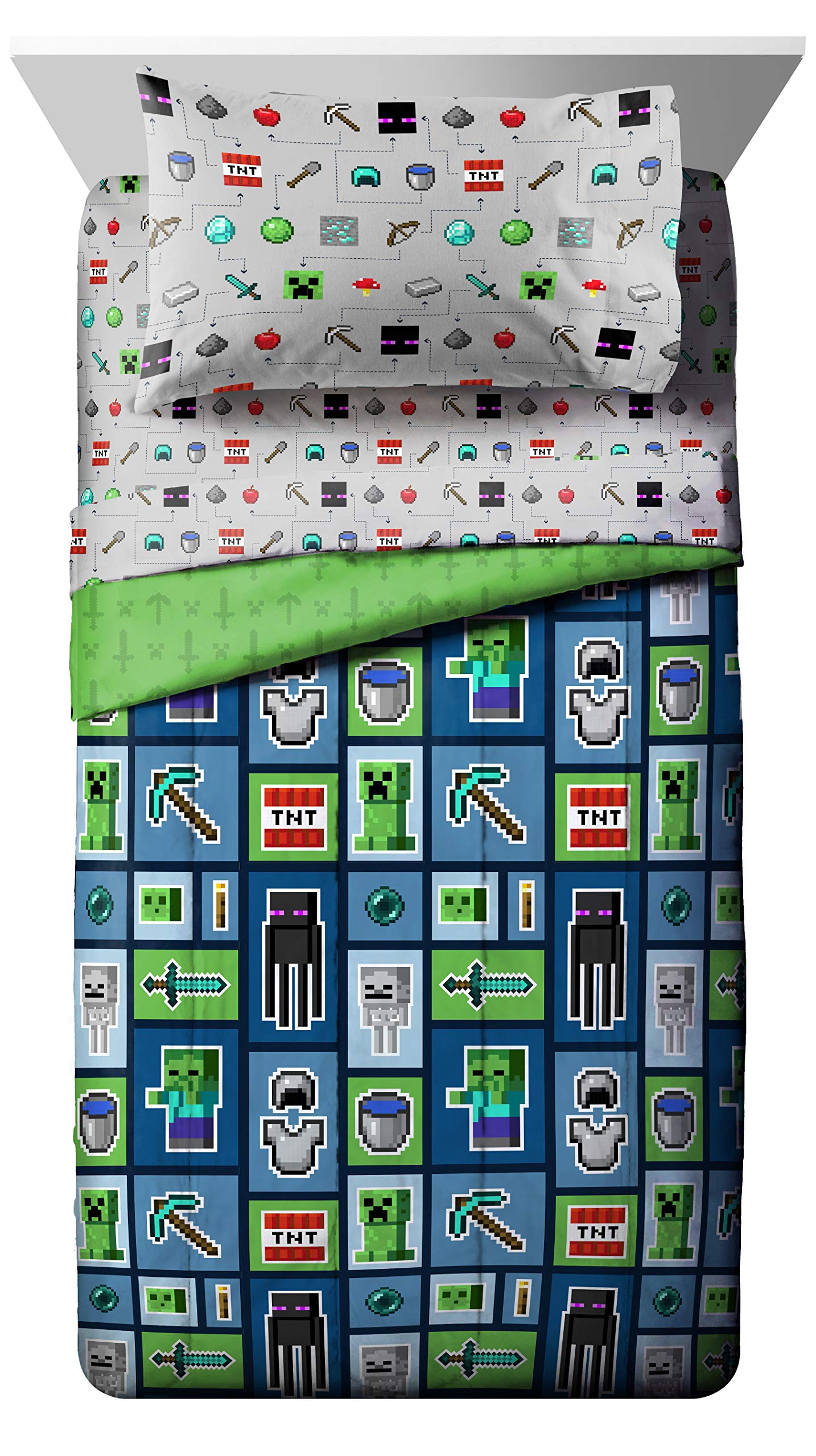 Jay Franco flat sheet and fitted sheet laid out showing full Minecraft pattern and easy care