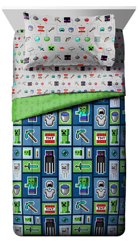 Jay Franco flat sheet and fitted sheet laid out showing full Minecraft pattern and easy care