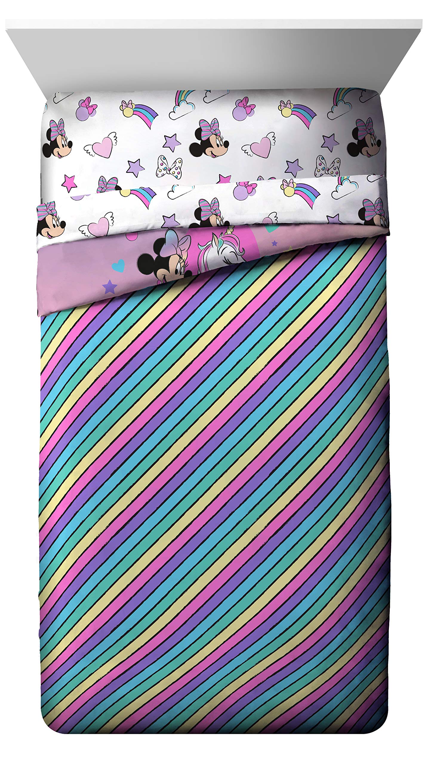 Jay Franco Minnie Mouse full sheet set laid flat for clear view of sizes and fit