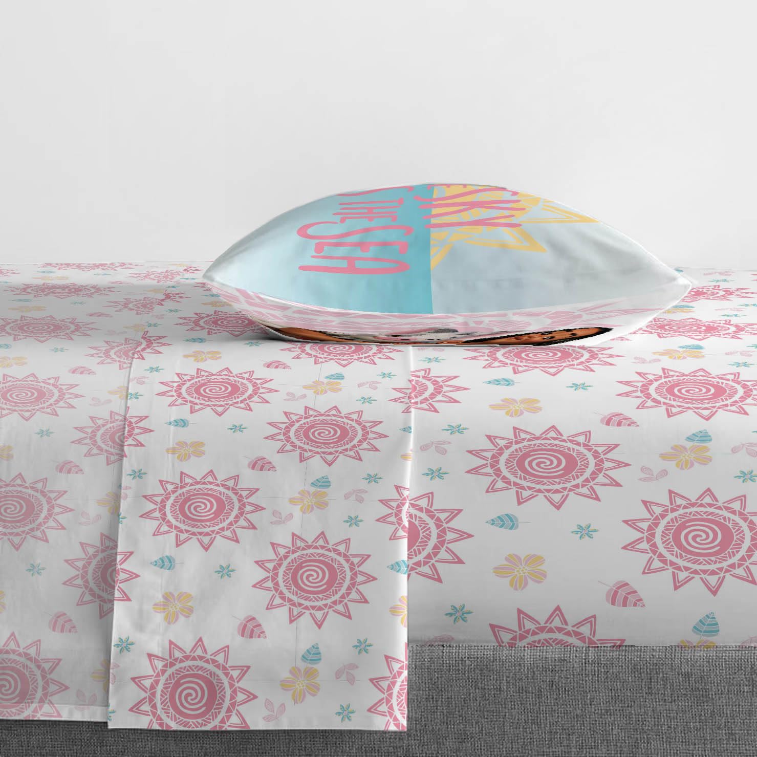 Jay Franco Moana pillowcase and sham on pillow, completes coordinated bed styling