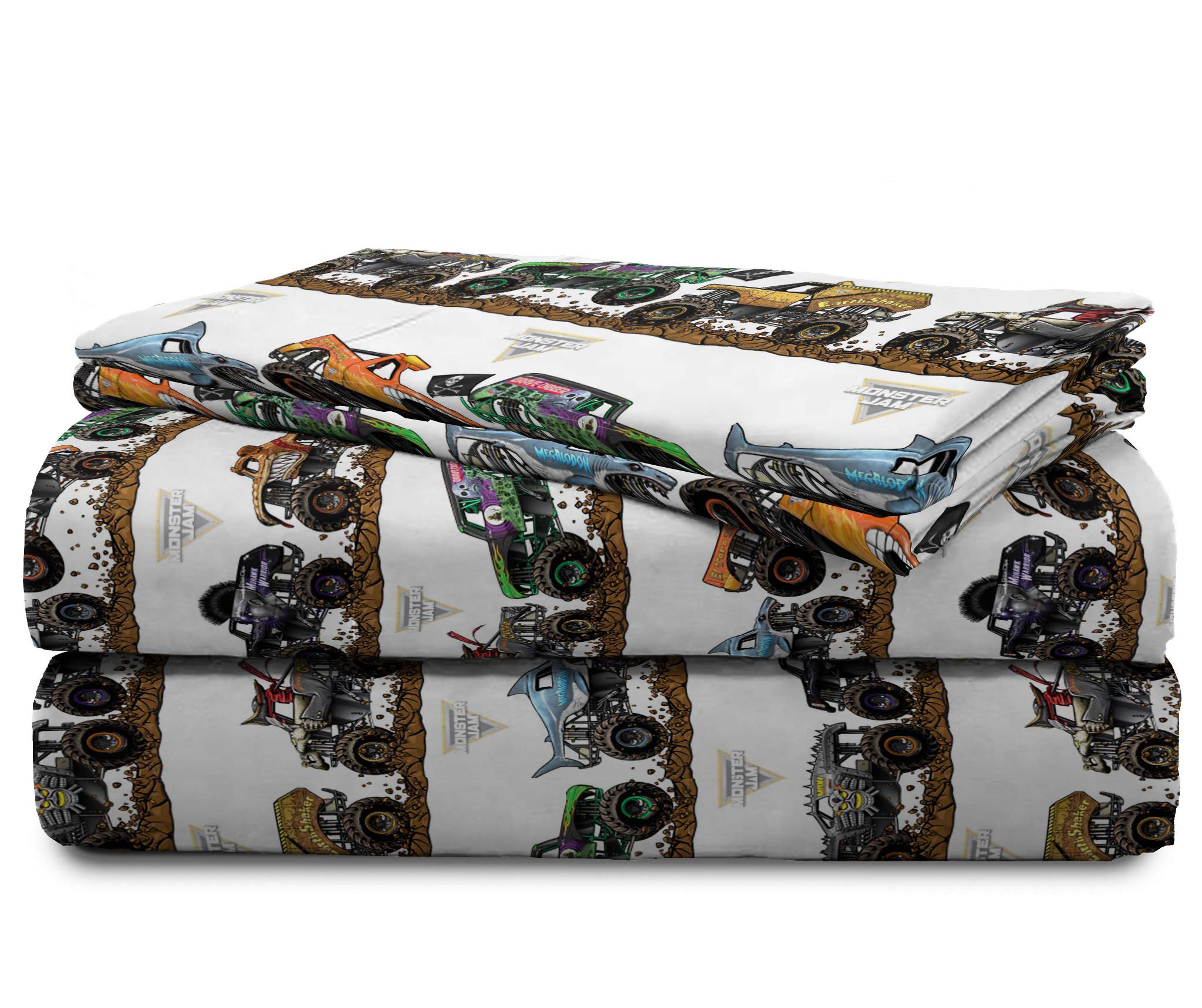 Jay Franco lifestyle shot with child and Monster Jam sheets adding playful room energy