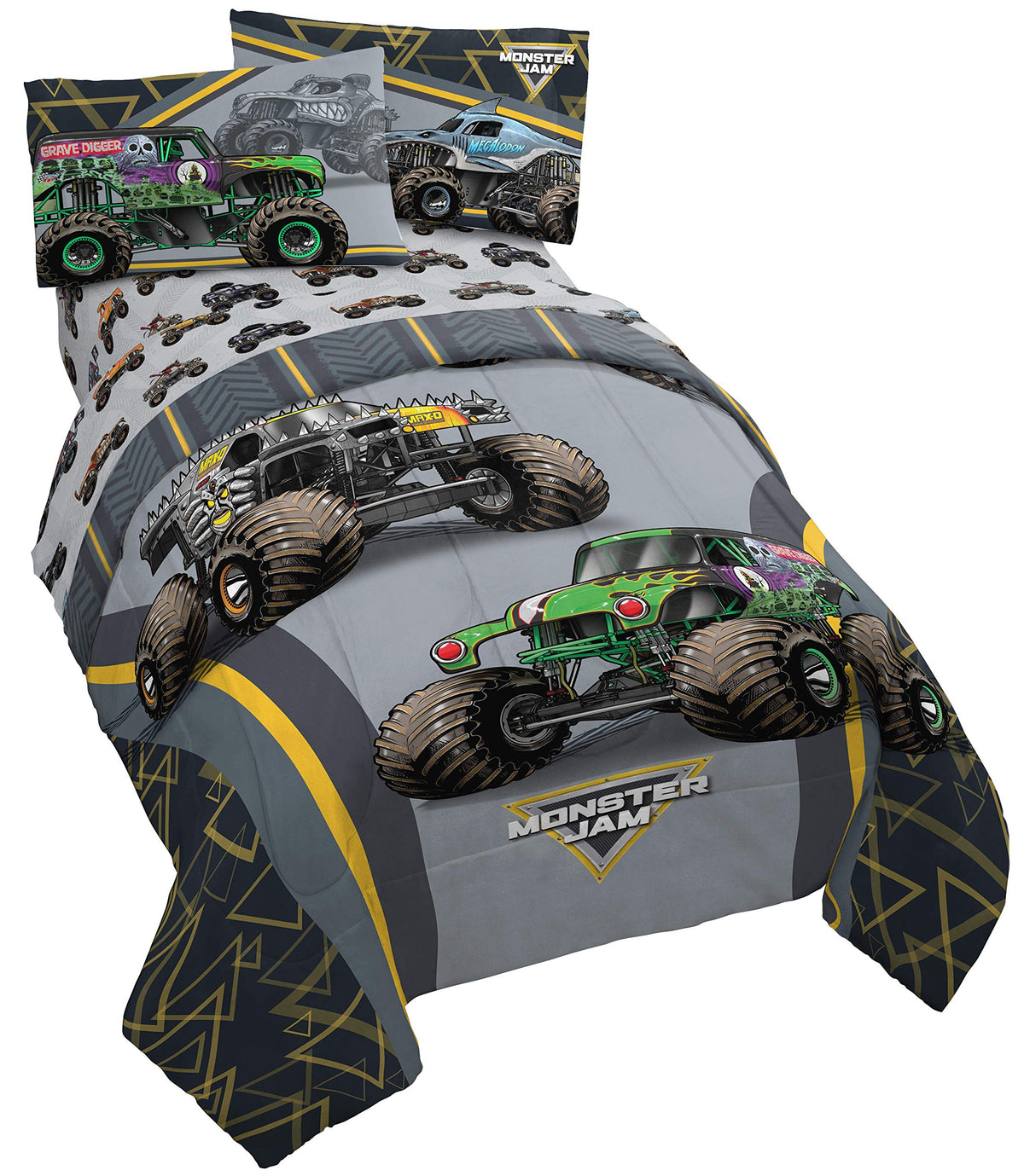 Jay Franco front view comforter with Monster Jam trucks energizes room