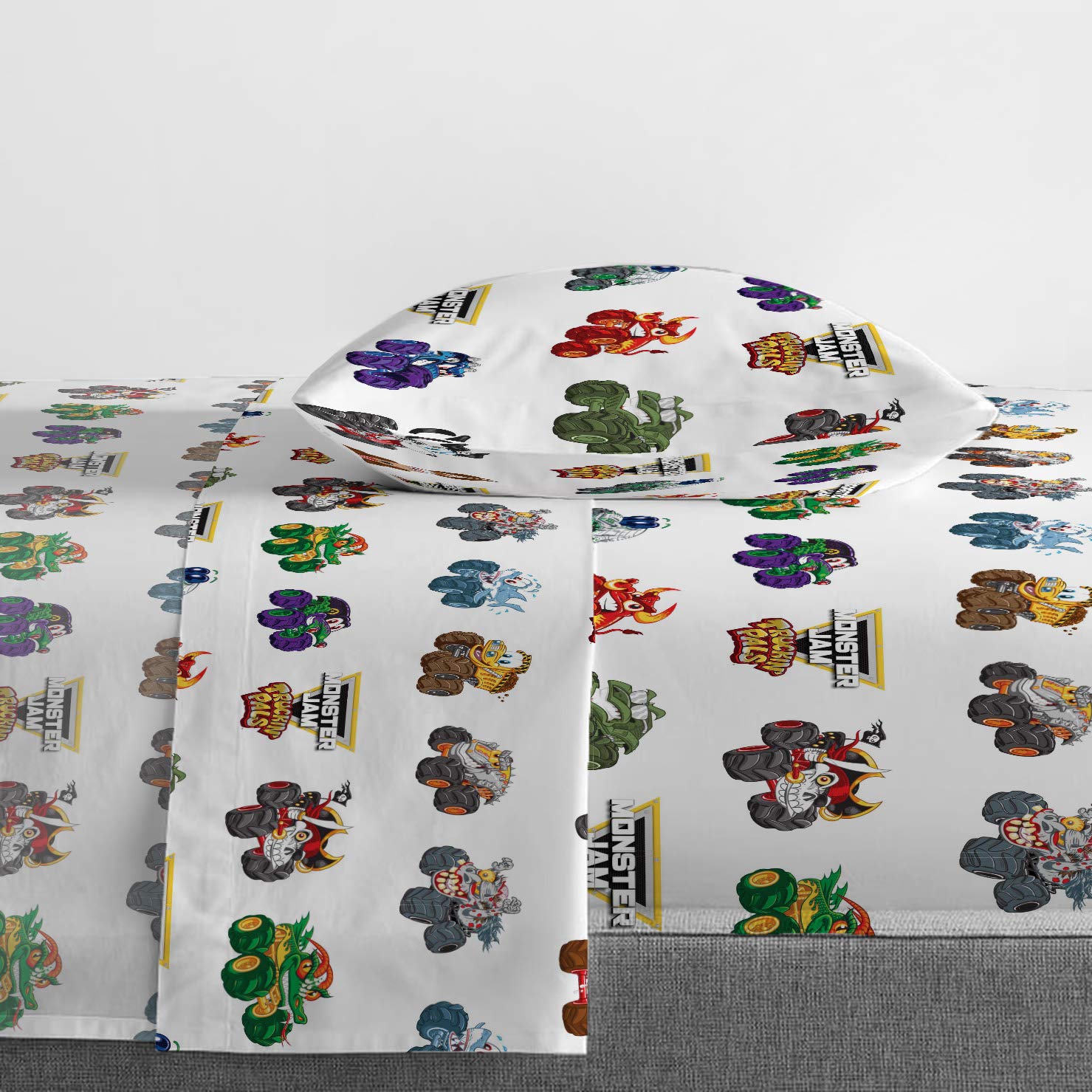 Jay Franco pillowcase close-up showing bright Monster Jam design and smooth feel