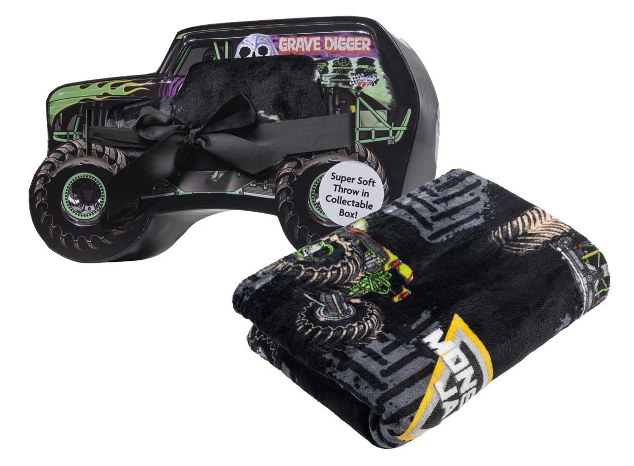 Jay Franco throw front packaging showing Monster Jam artwork and gift-ready appeal