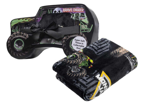 Jay Franco throw front packaging showing Monster Jam artwork and gift-ready appeal